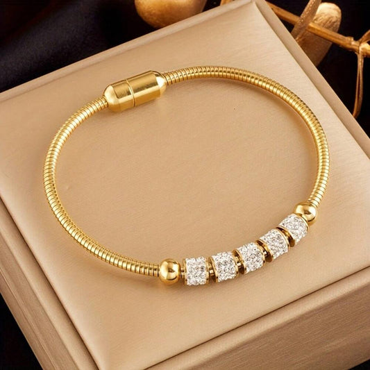 Golden Stainless Steel Cylinder Bracelet – Unisex Elegant Jewelry for Daily Wear & Special Occasions