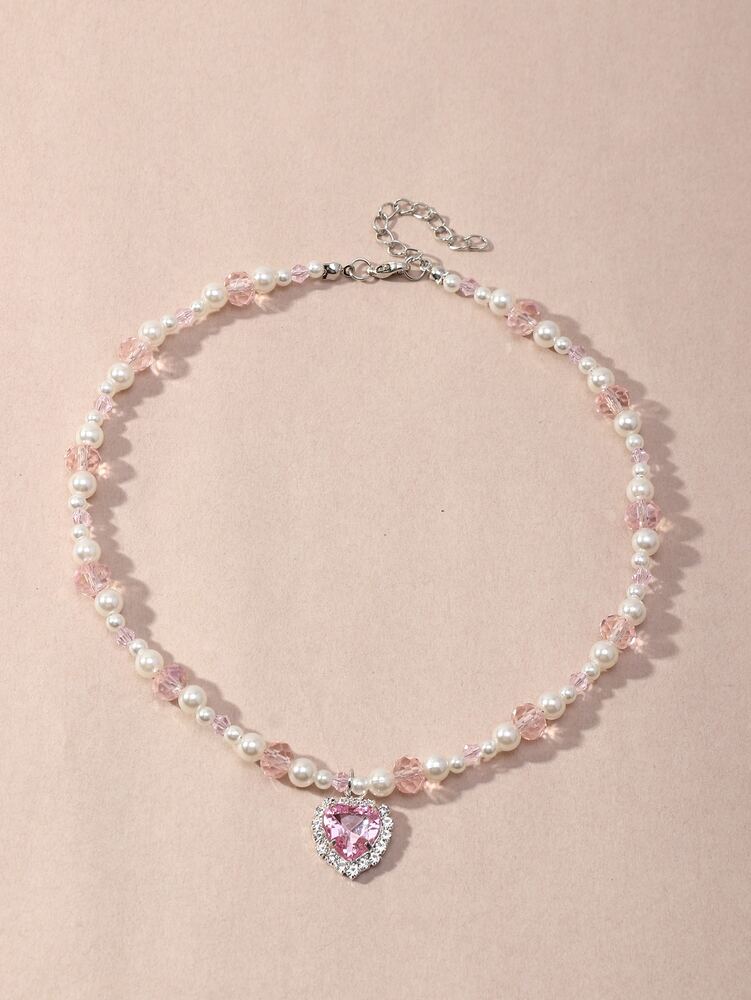 Girls' Heart Charm Pearl Necklace – Faux Pearl & Rhinestone Cute Jewelry for Kids