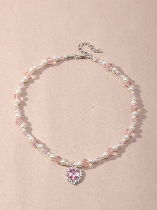Girls' Heart Charm Pearl Necklace – Faux Pearl & Rhinestone Cute Jewelry for Kids