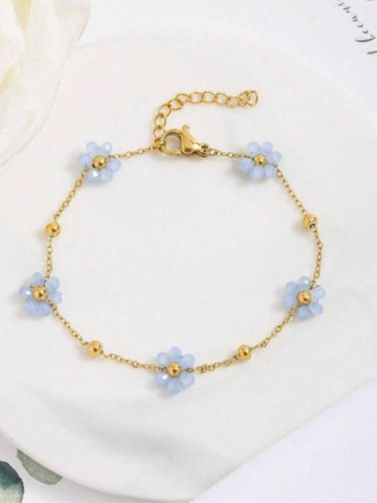 Fashionable Stainless Steel Bracelet With Blue Floral Design, Elegant Jewelry For Women, Perfect For Dates And Parties