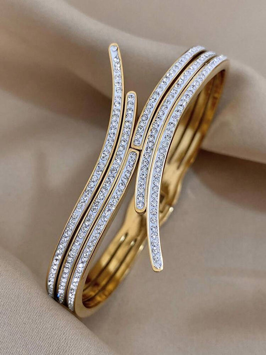 Gold Stainless Steel Bangle – Stackable CZ Rhinestone Cuff Bracelet for Women’s Daily & Party Wear