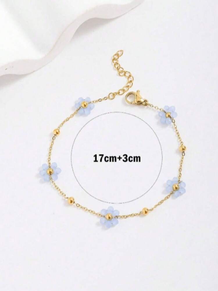 Fashionable Stainless Steel Bracelet With Blue Floral Design, Elegant Jewelry For Women, Perfect For Dates And Parties