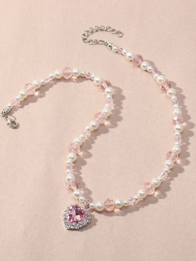 Girls' Heart Charm Pearl Necklace – Faux Pearl & Rhinestone Cute Jewelry for Kids