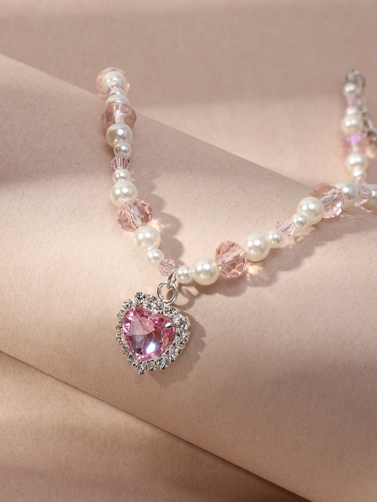 Girls' Heart Charm Pearl Necklace – Faux Pearl & Rhinestone Cute Jewelry for Kids