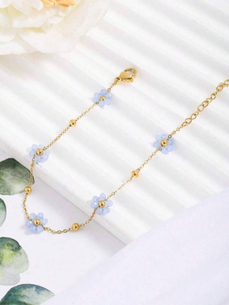 Fashionable Stainless Steel Bracelet With Blue Floral Design, Elegant Jewelry For Women, Perfect For Dates And Parties