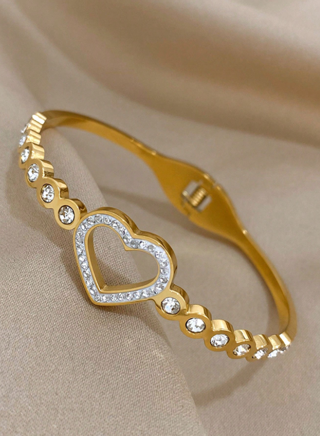 1pc Heart Rhinestone Gold Hollow Stainless Steel Bracelet Elegant Shiny Jewelry for Women Party Wedding Gift