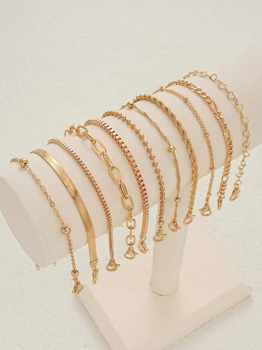11-Piece Heart Bead & Snake Chain Bracelet Set – Fashion Jewelry for Daily Wear, Parties & Gifting