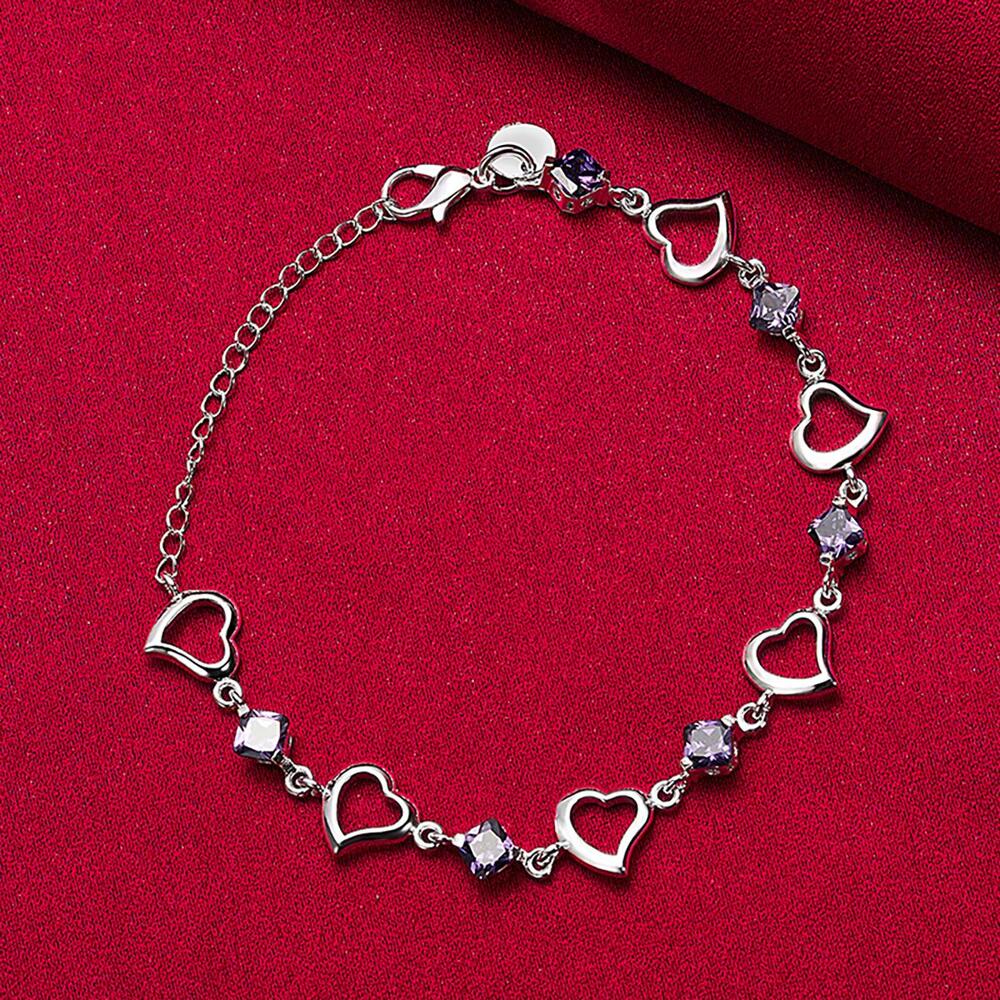 Silver Plated Heart Bracelet – Purple AAA Cubic Zirconia Jewelry for Women’s Fashion & Gifting