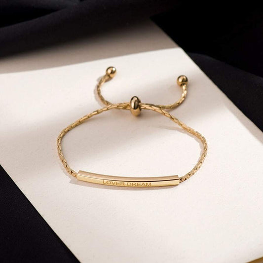 Gold Plated Stainless Steel Curved Tube Charm Bracelet – Adjustable Pull Cord Design for Daily Wear