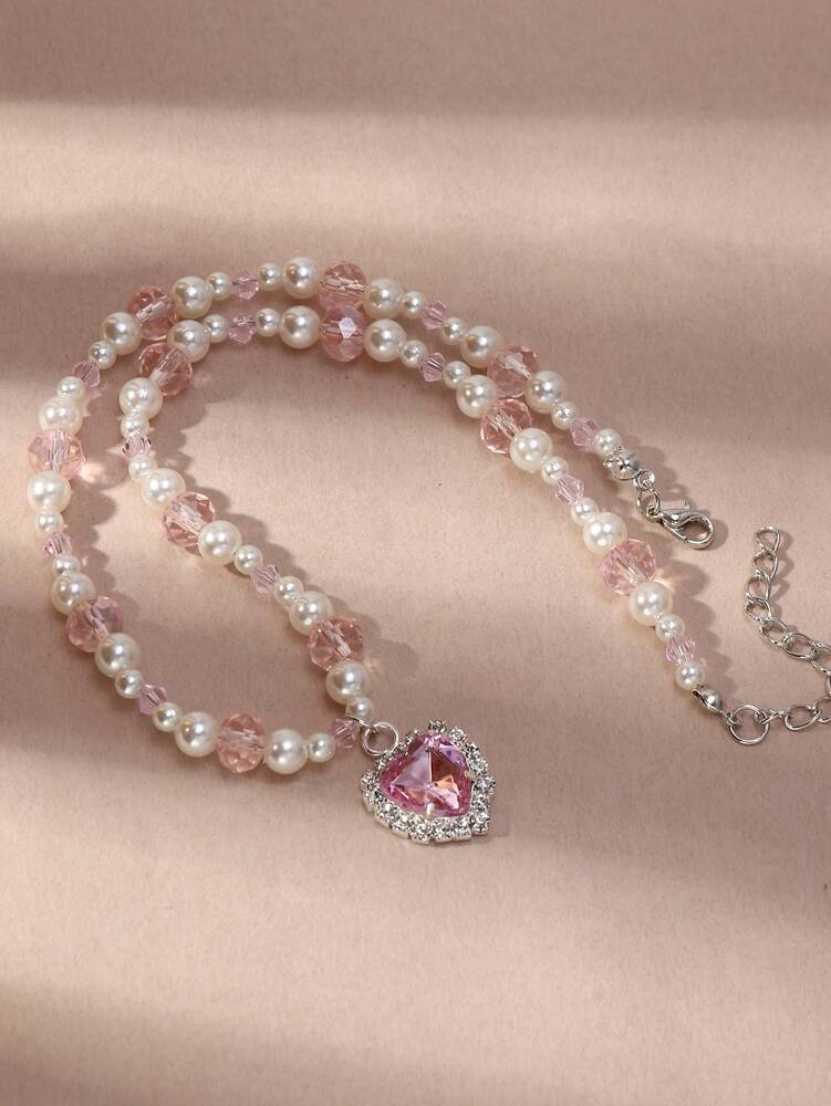 Girls' Heart Charm Pearl Necklace – Faux Pearl & Rhinestone Cute Jewelry for Kids