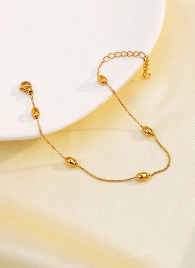 Minimalist 18K Gold Plated Stainless Steel Bracelet with Elliptical Beads Stylish Gift for Women & Mothers