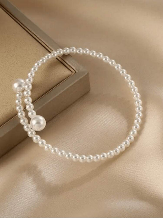 Elegant Adjustable Imitation Pearl Beaded Bracelet With Geometric Design, Vintage-Style Open Bangle For Daily Wear, Parties, And Travel