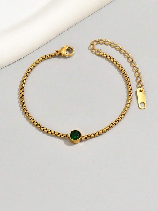 18K Gold Plated Stainless Steel Bracelet With Green Stone, Minimalist Lucky Charm Jewelry For Women, Perfect For Daily Wear, Gifts For Mom, Sister, Or Valentine’s Day