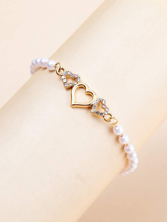 Elegant Heart-Shaped Rhinestone & Faux Pearl Chain Bracelet – Minimalist Versatile Jewelry For Women’s Daily Wear Or Gift