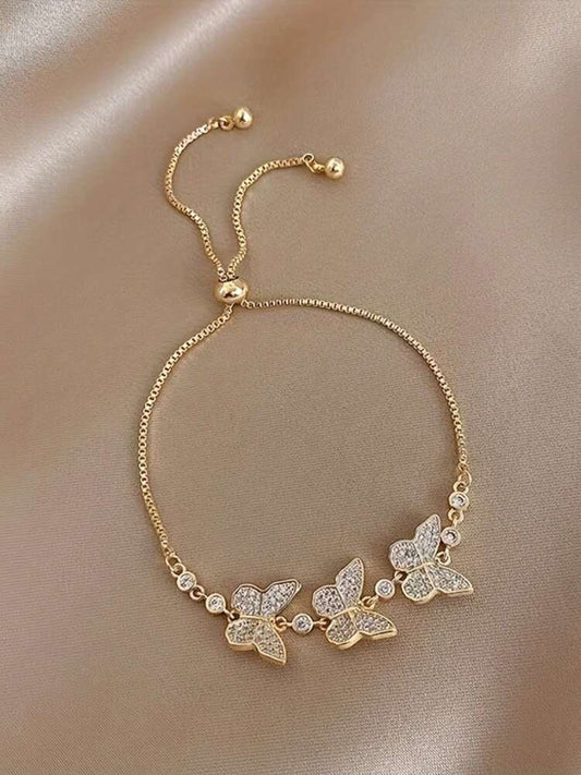 14K Gold-Plated Butterfly Bracelet – Adjustable Rhinestone Luxury Jewelry for Women’s Fashion