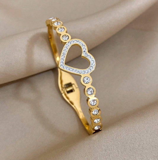 1pc Heart Rhinestone Gold Hollow Stainless Steel Bracelet Elegant Shiny Jewelry for Women Party Wedding Gift
