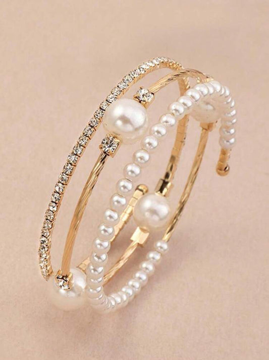 Girls' Elegant Rhinestone Pearl Bangle – Faux Pearl Luxury Bracelet for Kids