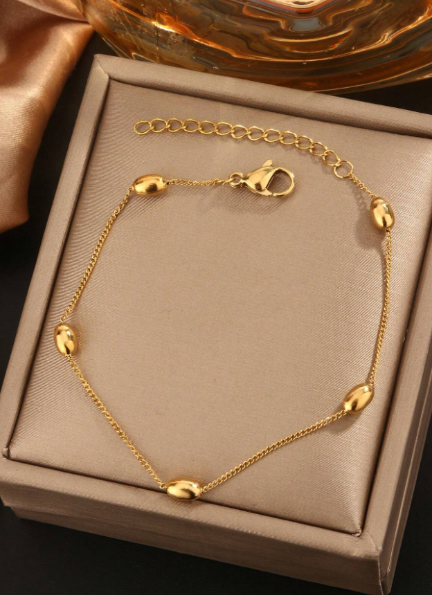 Minimalist 18K Gold Plated Stainless Steel Bracelet with Elliptical Beads Stylish Gift for Women & Mothers