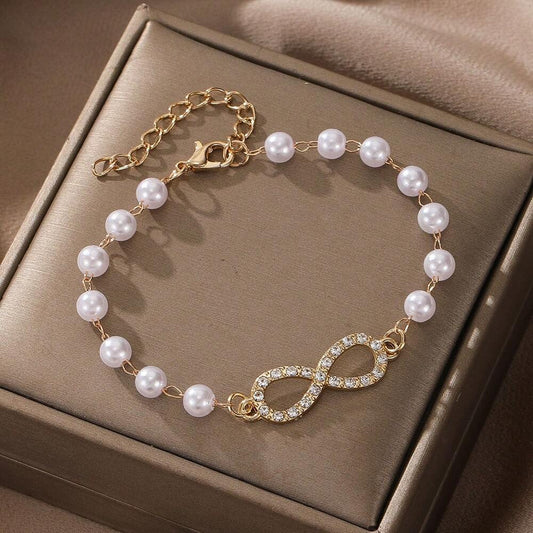 Fashion Rhinestone Infinity Symbol Faux Pearl Beaded Bracelet – Elegant Women’s Jewelry For Daily Wear