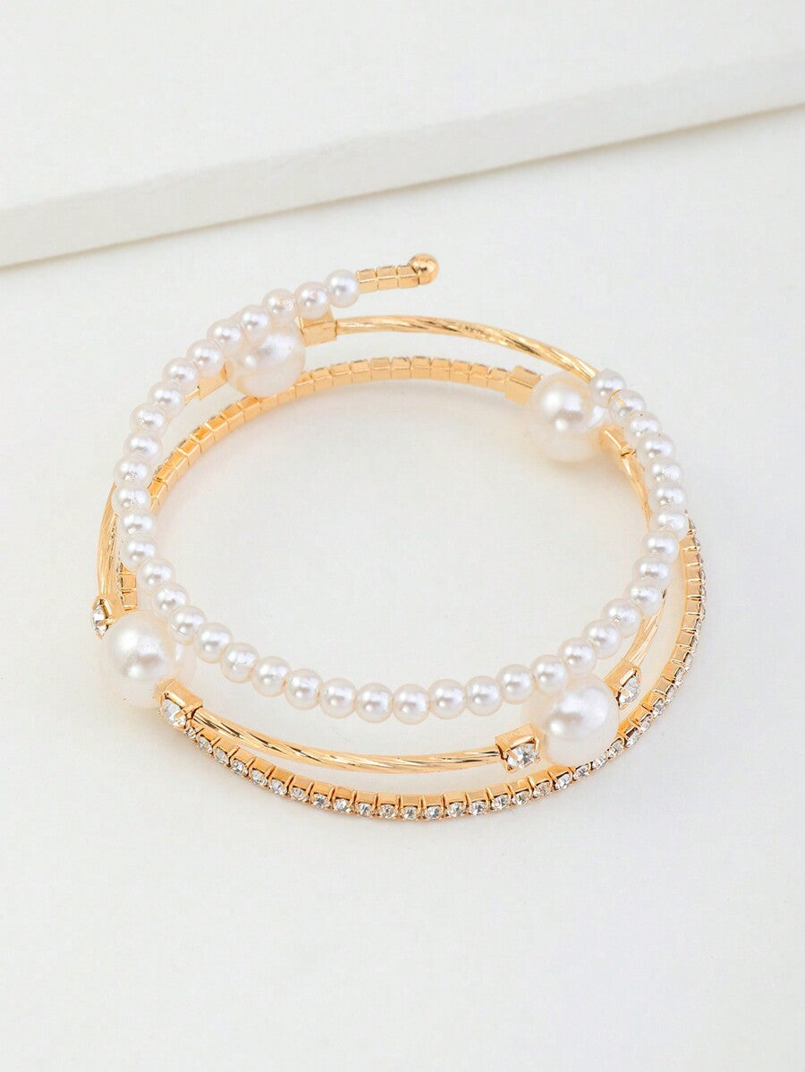 Girls' Elegant Rhinestone Pearl Bangle – Faux Pearl Luxury Bracelet for Kids
