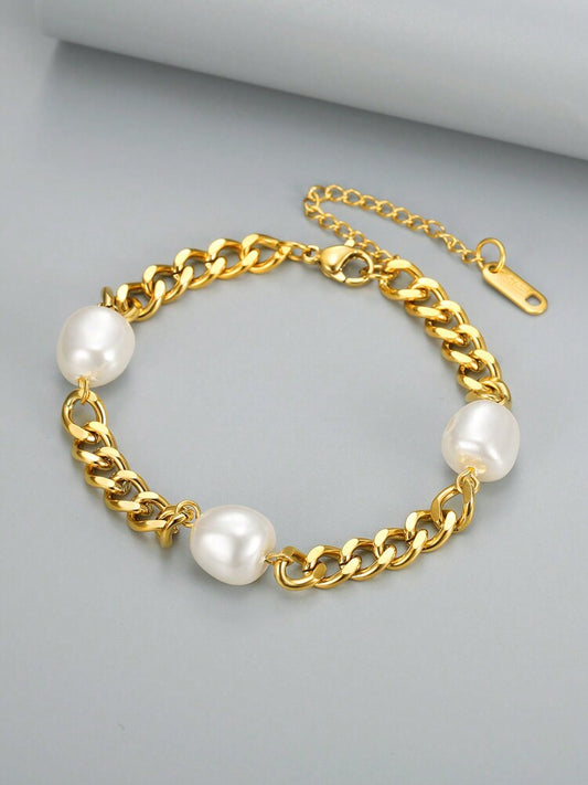 18K Gold-Plated Stainless Steel Bracelet – Faux Pearl & Heart Pendant Chain for Women’s Gifting